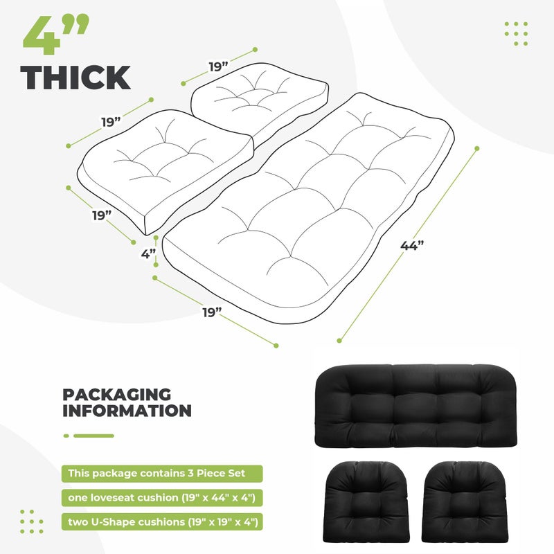 DANGHOOGY Wicker Chair Cushions  Waterproof Outdoor Loveseat Cushions for Patio Furniture  3 Pieces Wicker Furniture Cushions  1 Loveseat and 2 U-Shaped Cushions  Black - Image 2